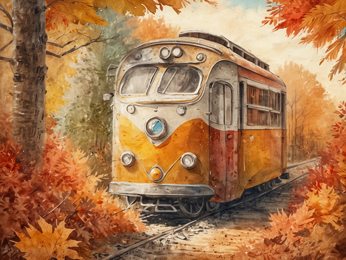 Ein nostalgischer Straßenbahnwagen steht auf einer schmalen Gleisanlage, umgeben von leuchtend orangefarbenen und roten Herbstblättern. Die Bäume im Hintergrund tragen ebenfalls herbstliche Farben, während die sanfte Lichtstimmung eine ruhige und malerische Atmosphäre erzeugt. Der Wagen hat eine auffällige gelb-orange Lackierung und große Fenster, die einen Blick auf die Umgebung ermöglichen. Das Bild vermittelt ein Gefühl von Nostalgie und der Schönheit des Herbstes in einer ländlichen Landschaft.