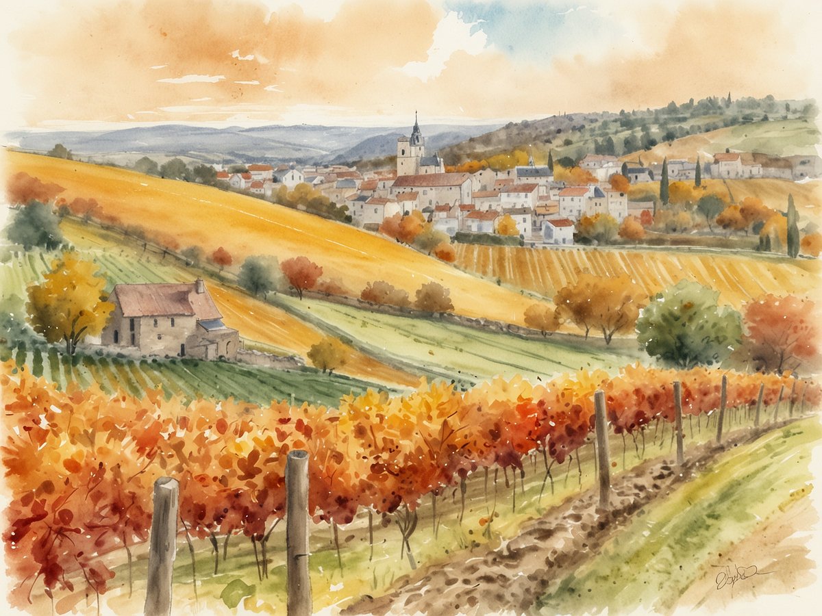 Ein malerisches Landschaftsbild zeigt eine herbstliche Szene in Frankreich. Im Vordergrund erstrecken sich bunt gefärbte Weinreben in Orange und Rot, die sanft an einem Hang wachsen. Dahinter liegt ein kleines, rustikales Haus, umgeben von verschiedenen Laubbäumen. Die Landschaft wird von sanften Hügeln dominiert, die in warmen Gelb- und Goldtönen leuchten. Im Hintergrund erkennt man ein kleines Dorf mit einer Kirche, dessen Kirchturm die Silhouette des Ortes prägt. Der Himmel ist hell und klar, mit sanften Wolken, die die herbstliche Stimmung unterstreichen.