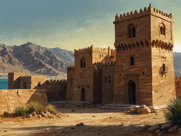 Oman ist ein faszinierendes Land auf der Arabischen Halbinsel, bekannt für seine reiche Geschichte, beeindruckende Architektur und atemberaubende Landschaften. 

Auf dem Bild ist eine historisch anmutende Festung oder ein Fort zu sehen, das aus beige gestrichenem Stein gebaut ist. Die Architektur weist charakteristische Elemente auf, wie hohe Türme mit Zinnen und filigranen Fenstern. Im Hintergrund sind sanfte Berge zu erkennen, die von einem klaren Himmel umrahmt werden, sowie Wasser, das auf die Küstenlinie hindeutet. Die Umgebung wirkt trocken und karg, was typisch für viele Regionen Omans ist.