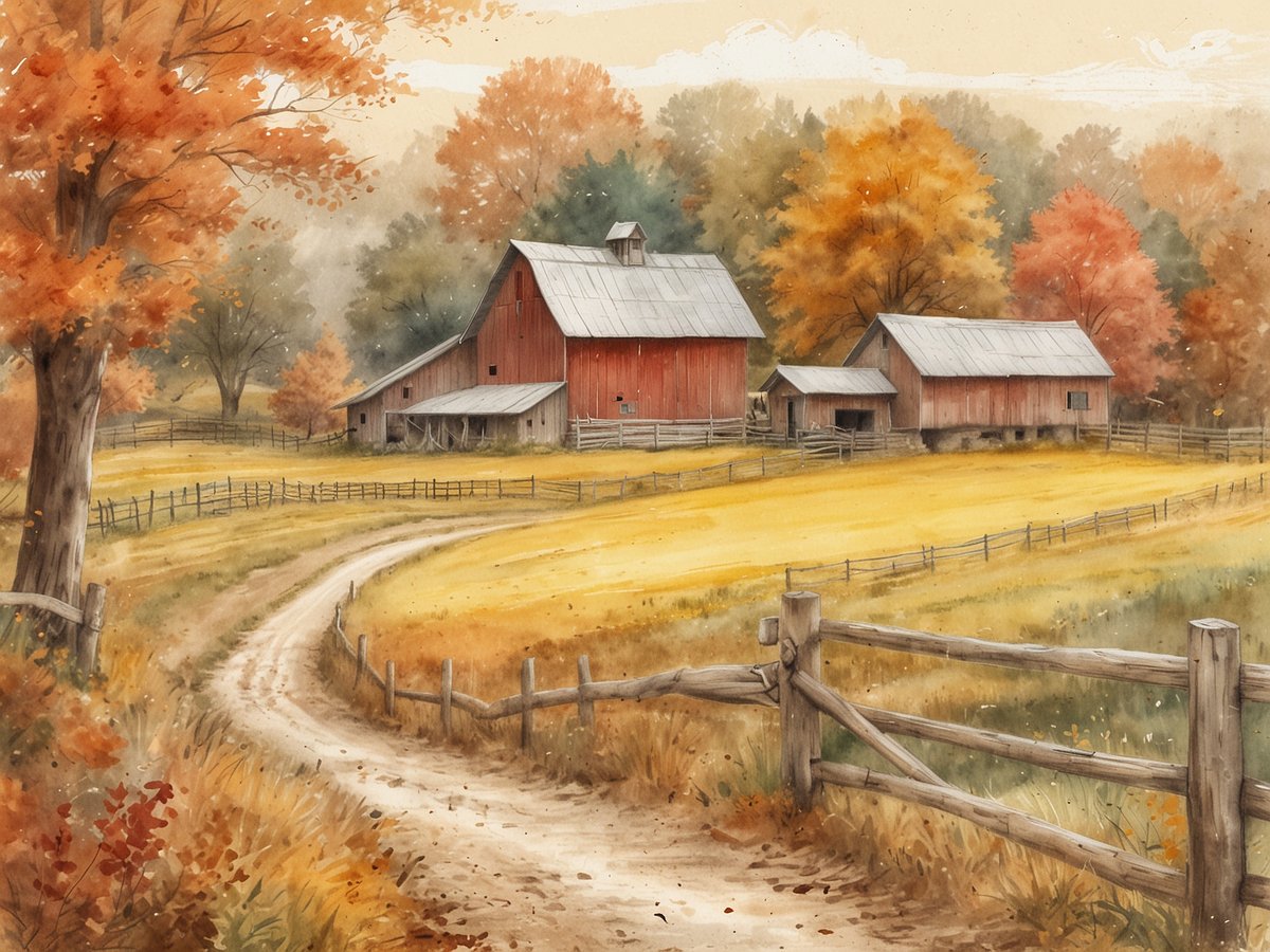 Eine malerische Herbstlandschaft auf einem Bauernhof mit rot gestrichenen Scheunen. Der Himmel ist sanft und von warmen Farben durchzogen. Bunte Laubbäume mit leuchtenden roten und goldenen Blättern umgeben das Gelände. Ein geschwungener Feldweg führt durch die Szene, gesäumt von einer einfachen Holz-Fensterumrandung. Das hohe, goldene Gras und die weite, offene Wiese vervollständigen das ländliche Ambiente, ideal für Familien während der Herbstferien.