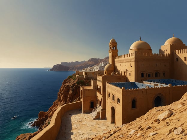 Auf dem Bild ist eine beeindruckende Landschaft zu sehen, die Muscat, die bezaubernde Hauptstadt des Oman, widerspiegelt. Die Architektur zeigt traditionelle Bauweise mit Türmen und Kuppeln, die harmonisch in die natürliche Umgebung integriert sind. Im Hintergrund erstrecken sich hügelige Landschaften und das glitzernde Wasser des Ozeans, was einen malerischen Blick auf diese faszinierende Region bietet.