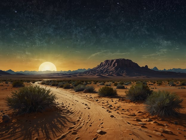 Auf dem Bild ist eine beeindruckende Landschaft der Wahiba-Wüste zu sehen. Die Sanddünen erstrecken sich bis zum Horizont, während die untergehende Sonne eine warme, goldene Beleuchtung erzeugt. Im Hintergrund sind Berge und ein sternenklarer Himmel zu erkennen, was die Weite und Stille der Wüste unterstreicht. Die sanften Linien des Wüstensandwegs laden zu einem Abenteuer in den Sanddünen ein, während die Pflanzen sporadisch die karge Landschaft beleben. Es vermittelt ein Gefühl von Freiheit und der Schönheit der Natur.