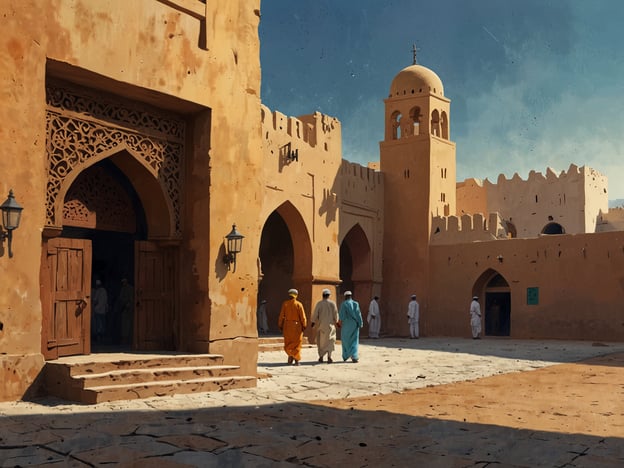 Auf dem Bild sieht man eine historische Szenerie, die an die Stadt Nizwa erinnert, bekannt für ihren Charakter und ihre kulturelle Bedeutung. Es gibt eindrucksvolle, traditionell gestaltete Gebäude mit detaillierten Türen und Fenstern. Die Architektur spiegelt den historischen Stil wider, der für die Region typisch ist. Menschen in traditioneller Kleidung bewegen sich durch den Platz, was ein Gefühl von lebendiger Geschichte und kulturellem Erbe vermittelt. Die warme Farbe der Wände und das klare Himmellicht tragen zur einladenden Atmosphäre bei.