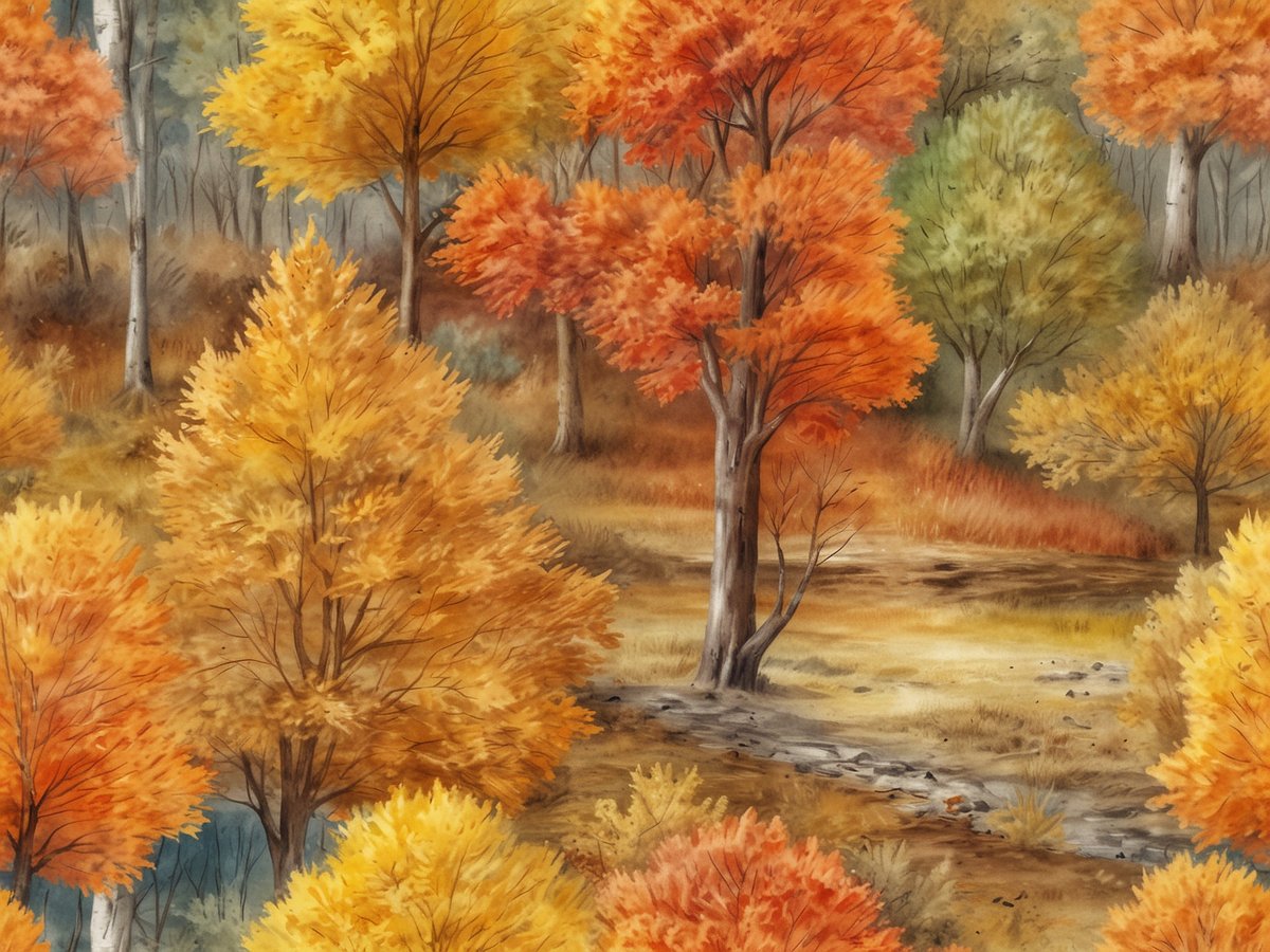 Ein herbstliches Waldgebiet in Osteuropa mit Bäumen in leuchtenden Farben von Orange, Gelb und grün. Der Boden ist mit trockenem Laub bedeckt und ein kleiner Weg schlängelt sich durch die Szene. Die Bäume sind teils kahl und teils in voller Herbstfärbung, während im Hintergrund sanfte Hügel und vereinzelt graue Stämme sichtbar sind. Die Atmosphäre vermittelt eine ruhige und malerische Herbststimmung.