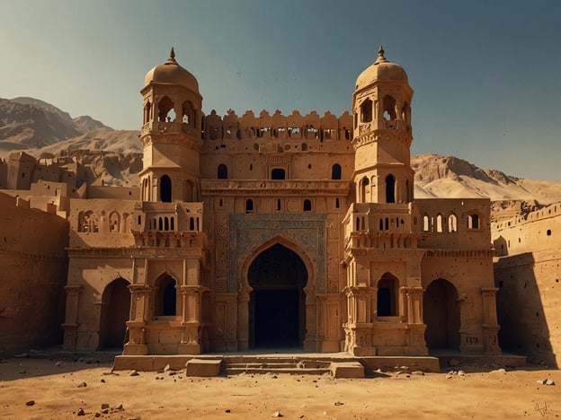 Auf dem Bild ist eine beeindruckende architektonische Struktur zu sehen, die in einer Wüstenlandschaft eingebettet ist. Die Bauweise zeichnet sich durch reich verzierte Türme und Bögen aus, was auf einen historischen oder kulturellen Hintergrund hinweisen könnte. Umgeben von beeindruckenden Felsen und Bergen schafft diese Sehenswürdigkeit eine majestätische Atmosphäre, die den Betrachter in eine andere Zeit und an einen faszinierenden Ort entführt. Das Spiel von Licht und Schatten verstärkt die Schönheit der Architektur und der Umgebung.