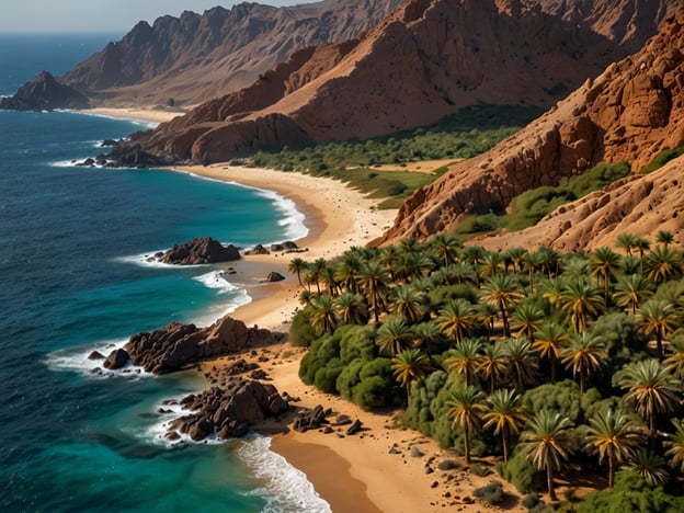 Auf dem Bild ist eine atemberaubende Landschaft mit einer faszinierenden Küstenlinie zu sehen. Glitzerndes, türkisfarbenes Wasser umspült einen schönen, sandigen Strand, der von einer üppigen Gruppe von Palmen und grüner Vegetation gesäumt wird. Im Hintergrund ragen majestätische, zerklüftete Berge empor, die die natürliche Schönheit dieser Kulisse betonen. Die Kombination aus Meer, Sand und Gebirgen schafft ein beeindruckendes Naturschauspiel, das die Kraft und Vielfalt der Natur eindrucksvoll widerspiegelt.