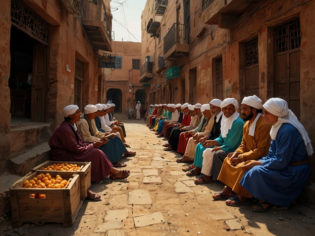 Auf dem Bild sind zahlreiche Personen zu sehen, die entlang einer Straße sitzen. In der Mitte gibt es Holzkisten, die mit Orangen gefüllt sind. Die Menschen tragen traditionelle Kleidung und Kopftücher. Diese Szene könnte ein Beispiel für die Gastfreundschaft der Jemeniten sein, die oft mit gemeinsamen Treffen und dem Teilen von Lebensmitteln verbunden ist. Es wird Wert auf Gemeinschaft und den Austausch von Geschichten gelegt, was in der jemenitischen Kultur hoch geschätzt wird.