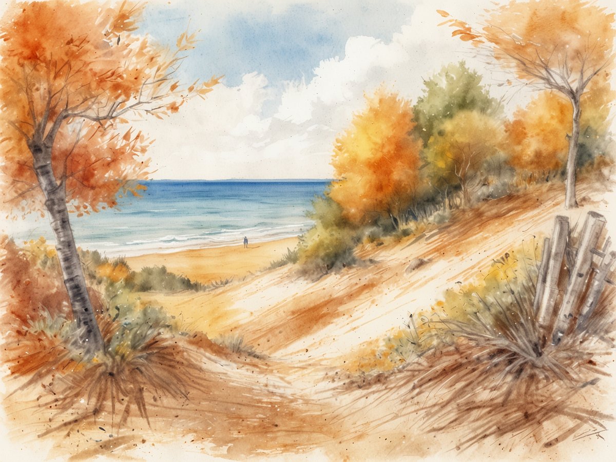 Ein malerischer Blick auf einen sandigen Strand an der Algarve, umgeben von sanften Hügeln mit buntem Herbstlaub in verschiedenen Gelb- und Orangetönen. Im Vordergrund stehen einige Bäume, deren Blätter die Farben des Herbstes widerspiegeln. Der ruhige Ozean erstreckt sich bis zum Horizont, während im Hintergrund eine einsame Person am Strand spaziert. Der Himmel ist leicht bewölkt, was eine friedliche Atmosphäre schafft und zum Entspannen einlädt.