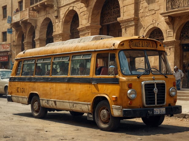 Auf dem Bild ist ein gelber Bus zu sehen, der auf einer Straße parkt. Der Bus scheint älter und gebraucht zu sein, was durch die Abnutzung und den Schmutz an der Karosserie deutlich wird. Er könnte als öffentliches Verkehrsmittel oder als Shuttle-Service in der Stadt dienen. Solche Busse sind oft ein wichtiges Fortbewegungsmittel für die Menschen vor Ort, da sie eine kostengünstige Möglichkeit bieten, sich in städtischen Gebieten fortzubewegen. In der Umgebung sieht man weitere Fahrzeuge und Gebäude, die auf eine belebte Straßenansicht hinweisen.