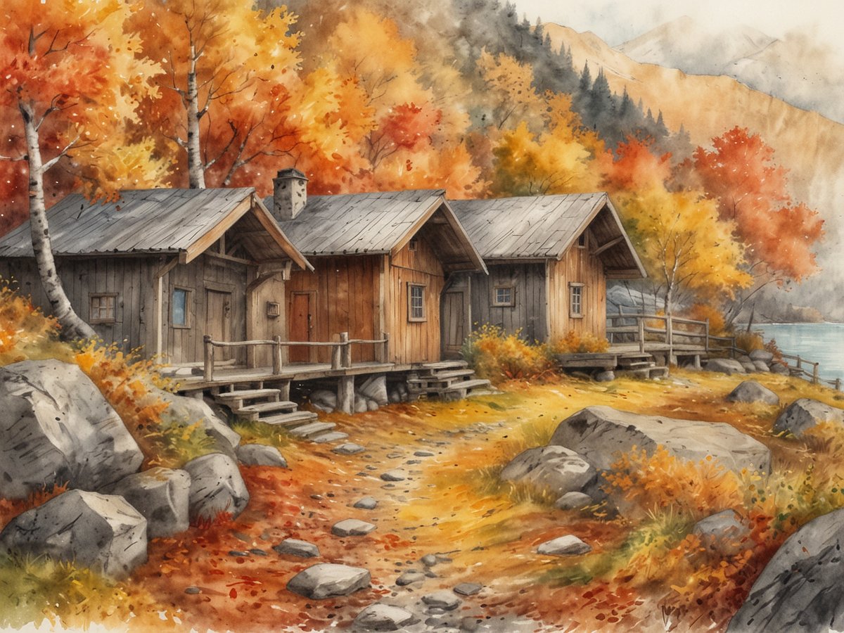 Eine malerische Herbstlandschaft in Skandinavien mit drei rustikalen Holzhütten, die harmonisch an einem sanften Hang stehen. Die Umgebung ist von leuchtenden Herbstfarben geprägt, darunter goldene, orange und rote Blätter, die von Bäumen und Sträuchern abfallen. Ein gepflasterter Pfad führt zwischen großen Steinen und der Wasseroberfläche eines ruhigen Sees entlang. Im Hintergrund erheben sich sanfte Berge, die die idyllische Szenerie perfekt abrunden.