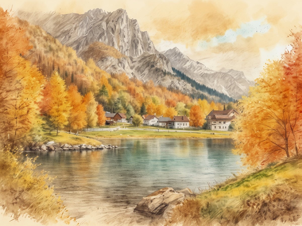 Eine malerische Landschaft im Herbst zeigt einen ruhigen See, umgeben von bunten Bäumen in warmen Gelb- und Orangetönen. Im Hintergrund erheben sich majestätische Berge unter einem sanften Himmel. Auf der anderen Seite des Sees sind mehrere ländliche Häuser zu sehen, die sich harmonisch in die Natur einfügen. Die Szenerie vermittelt eine friedliche und erholsame Atmosphäre, ideal für Herbstferien in Österreich.