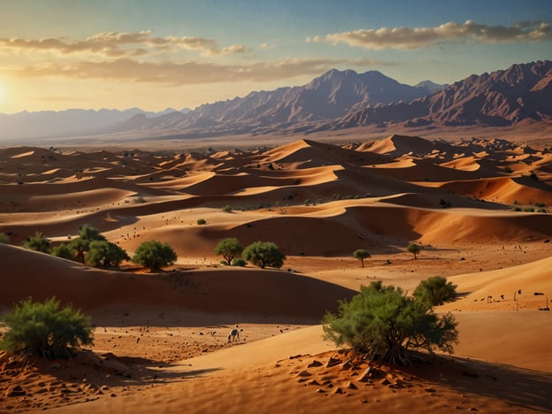 Die Schönheit Algeriens zeigt sich eindrucksvoll in der Weite der Wüste, die auf diesem Bild zu sehen ist. Majestätische Sanddünen erstrecken sich bis zum Horizont, eingegrenzt von sanften, bewaldeten Hügeln im Vordergrund. Der sanfte, goldene Lichtschein der Sonne verleiht der Szene eine fast magische Atmosphäre. Diese Landschaft spiegelt die einzigartige Geographie und die Vielfalt Algeriens wider, von seinen beeindruckenden Wüsten bis zu seinen majestätischen Gebirgen, die alle Teil des reichen kulturellen Erbes des Landes sind.