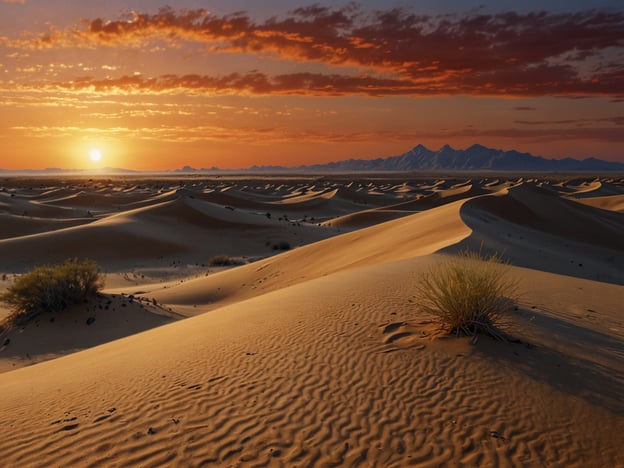 Auf dem Bild ist die atemberaubende Sahara zu sehen, mit sanften Sanddünen, die sich im Licht des Sonnenuntergangs erstrecken. Der Himmel ist in warmen Farbtönen gefärbt, während die Silhouetten der Berge im Hintergrund sichtbar sind. Die Landschaft strahlt eine ruhige und majestätische Schönheit aus.