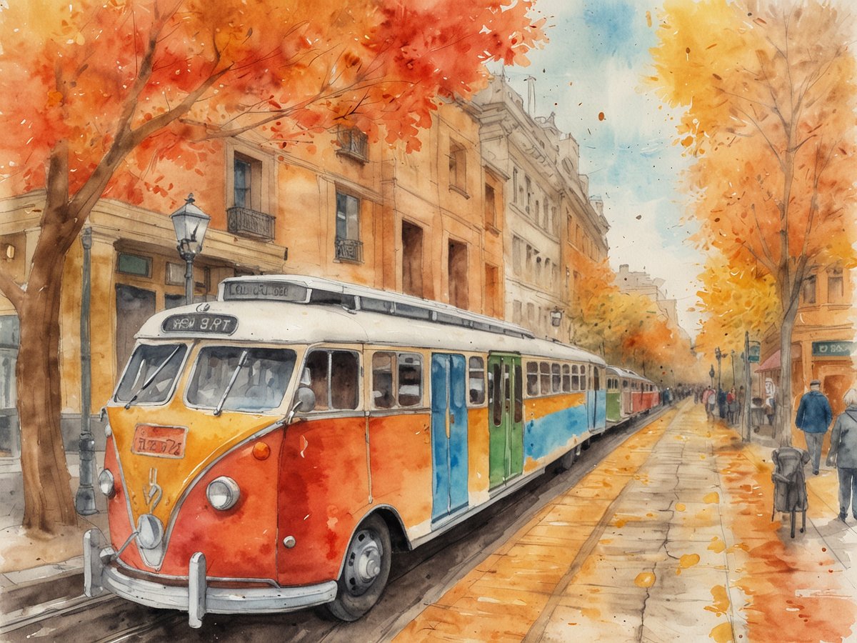 Eine malerische Straßenansicht im Herbst zeigt einen bunten Straßenbahnwagen, der an einer von Laubbäumen gesäumten Straße hält. Die Bäume sind in warmen, herbstlichen Farbtönen von Orange und Gelb gefärbt. Die Gebäude im Hintergrund sind im typischen Architekturstil gehalten und bieten eine charmante Kulisse. Spaziergänger sind auf dem Gehweg zu sehen, während ein Laternenpfahl ein gemütliches Licht spendet. Die Szene vermittelt eine einladende Atmosphäre und repräsentiert die Schönheit herbstlicher Kulturreisen in Städten.