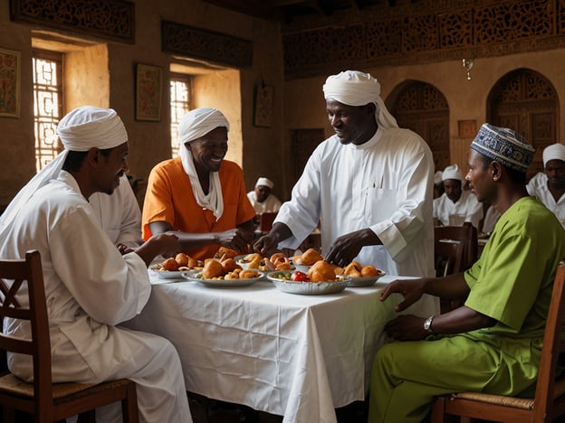 Auf dem Bild sind mehrere Männer zu sehen, die um einen Tisch mit einer Vielzahl von Speisen versammelt sind. Die Atmosphäre wirkt freundlich und entspannt, was auf eine gesellige Zusammenkunft hindeutet. 

Im Sudan spielen Essen und Gastfreundschaft eine zentrale Rolle im sozialen Leben. Mahlzeiten werden oft als Gelegenheit genutzt, um Beziehungen zu pflegen und Gemeinschaft zu stärken. Es ist üblich, dass Gäste mit offenen Armen empfangen werden, und das Teilen von Speisen gilt als Ausdruck von Freundschaft und Respekt.

Die Männer tragen traditionelle Kleidungsstücke, die in der sudanesischen Kultur verbreitet sind. Diese Outfits, häufig aus komfortablen, leichten Stoffen, sind nicht nur praktisch, sondern spiegeln auch die kulturelle Identität und das Erbe wider. In solchen Gesellschaften ist es wichtig, die Etikette zu beachten: Es wird erwartet, dass man mit der rechten Hand isst, und man sollte versuchen, bei gemeinsamen Mahlzeiten nicht die älteren oder höhergestellten Personen zu übervorteilen.

Insgesamt vermittelt das Bild ein Gefühl von Gemeinschaft und Tradition, das typisch für die sudanesische Kultur ist.