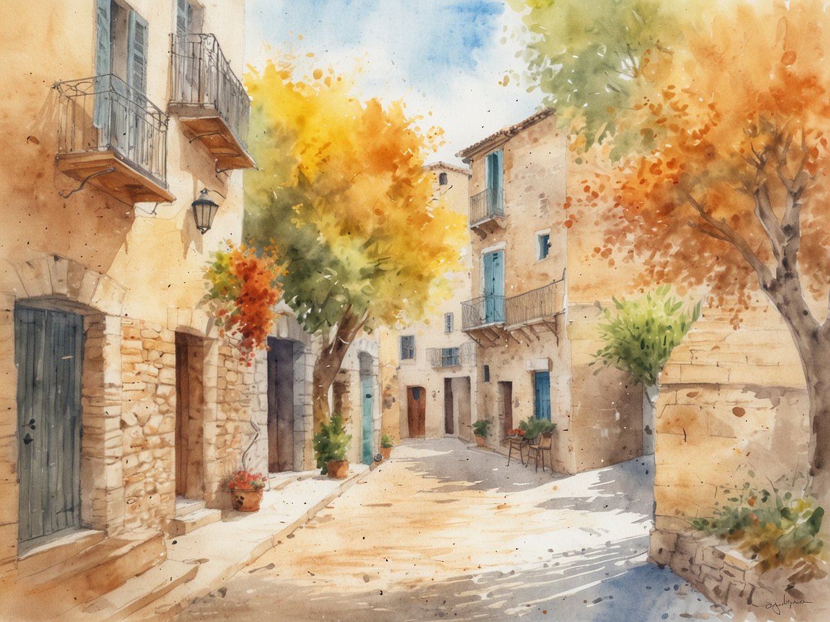 Eine malerische Gasse auf Mallorca in sanften Wasserfarben dargestellt. Die Häuser haben warme, beige und orangefarbene Töne, und die Fassaden sind mit Fenstern und balustradierten Balkonen geschmückt. Bäume mit leuchtend gelben und orangen Blättern säumen die Straße, die friedlich und ruhig wirkt. Blumentöpfe mit grünen Pflanzen und bunten Blumen verleihen der Szene einen einladenden Charakter. Die sanften Lichtreflexe auf dem Boden und der blaue Himmel sorgen für eine herbstliche Atmosphäre.