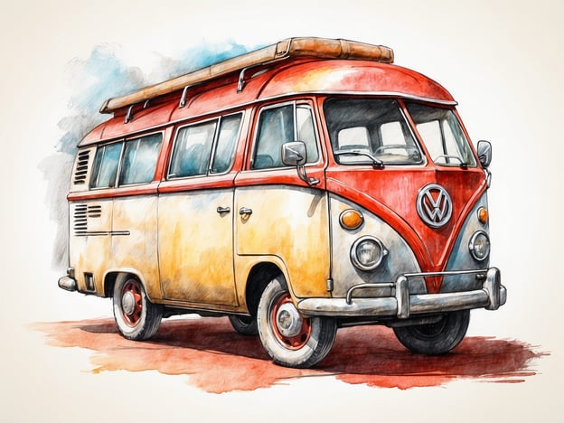 Auf dem Bild ist ein klassischer Volkswagen-Bus zu sehen, der mit seiner einzigartigen Atmosphäre an vergangene Reisen und Freiheit erinnert. Die kräftigen Farben in Rot und Gelb verleihen dem Fahrzeug einen nostalgischen Charme, während die handgezeichnete Darstellung die Liebe zum Detail unterstreicht. Dieser Bus könnte Geschichten von Abenteuern und unbeschwerten Roadtrips erzählen.