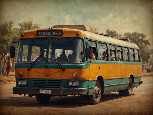 Auf dem Bild ist ein bunt bemalter Bus zu sehen, der als Fortbewegungsmittel dient. Er steht anscheinend an einer belebten Straße, was auf ein lebhaftes Transportumfeld hinweist. Der Bus könnte für den öffentlichen Verkehr in der Region genutzt werden, um Passagiere von einem Ort zum anderen zu bringen. Die Leute im Inneren und die Umgebung deuten darauf hin, dass dieser Bus eine wichtige Rolle im Alltag der Menschen spielt, um sich vor Ort zu bewegen.