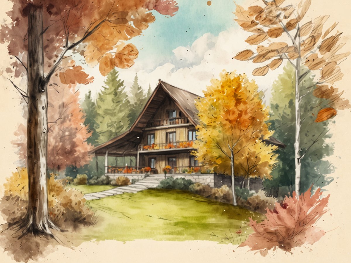 Eine malerische Holzhaus im herbstlichen Ambiente, umgeben von bunten Laubbäumen in warmen Gelb-, Orange- und Brauntönen. Der Garten ist gepflegt mit einem gepflasterten Weg, der zur Eingangstreppe führt. Im Vordergrund sind verschiedene Sträucher und Pflanzen zu sehen, die das Bild harmonisch abrunden. Der Himmel ist klar und blau mit einigen Wolken, was die ruhige und entspannende Atmosphäre des Herbstes verstärkt.