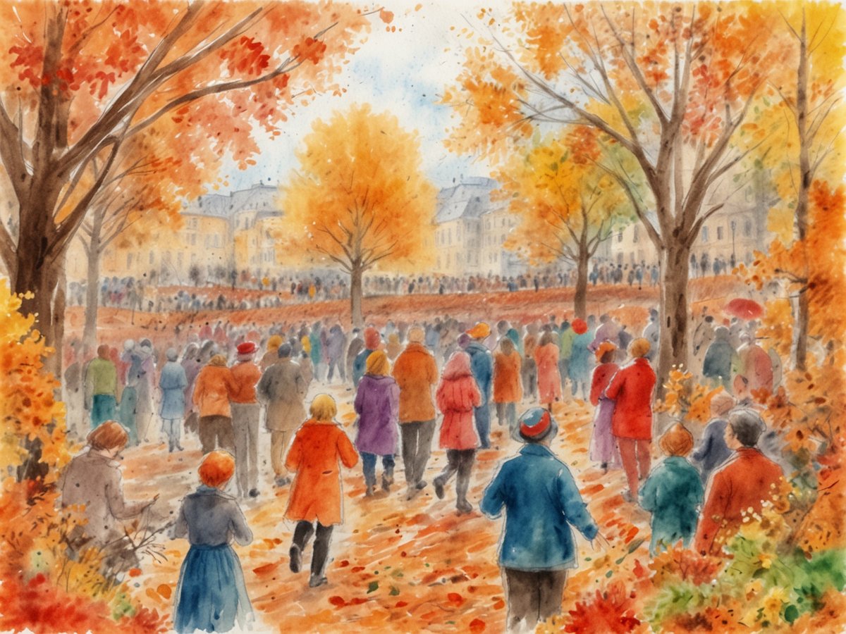 Eine Gruppe von Menschen spaziert durch einen herbstlichen Park, umgeben von bunten Bäumen mit orangefarbenem und gelbem Laub. Die Personen tragen warme Kleidung in verschiedenen Farben und scheinen sich auf ein Festival oder eine Veranstaltung vorzubereiten. Im Hintergrund ist eine Menschenmenge zu sehen, die sich auf einer Wiese versammelt hat, während die herbstliche Atmopsphäre durch das gefallene Laub auf dem Boden verstärkt wird.