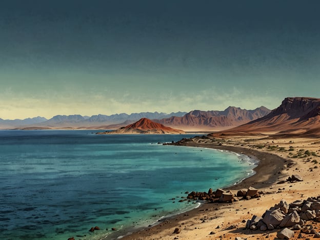 Auf dem Bild ist eine faszinierende Landschaft zu sehen, die die Schönheit der Natur widerspiegelt. Im Vordergrund erstreckt sich ein sanfter Strand mit kieseligen Abschnitten, der an ein türkisfarbenes Wasser grenzt. Das Wasser scheint klar zu sein und reflektiert die Farben des Himmels. 

Im Hintergrund erheben sich majestätische Berge, die in verschiedenen Brauntönen erscheinen und eine dramatische Kulisse bilden. Die Kombination aus dem ruhigen Wasser, dem Strand und den Bergen vermittelt ein Gefühl von Ruhe und Abgeschiedenheit. Diese Landschaft könnte Teil eines beeindruckenden Naturwunders sein, das die Vielfalt und den Reichtum der Erde zeigt.