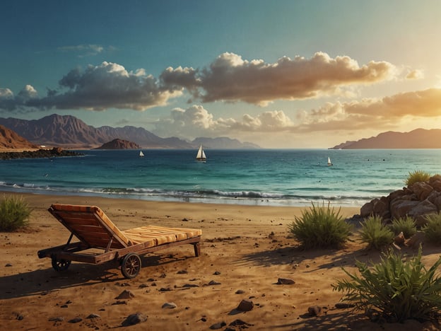 Auf dem Bild ist ein schöner Strand zu sehen, der von sanften Wellen umspült wird. Im Vordergrund befindet sich ein Liegestuhl aus Holz, der auf dem sandigen Ufer steht und einladend wirkt. Im Hintergrund sind einige Segelboote auf dem Wasser zu sehen, die eine entspannte Küstenaktivität darstellen. Die Berge und Hügel auf der gegenüberliegenden Seite des Wassers tragen zur idyllischen Landschaft bei, während die Wolken am Himmel für eine angenehme Atmosphäre sorgen. Es scheint eine perfekte Kulisse für einen Tag am Strand oder für Wassersportaktivitäten zu sein.