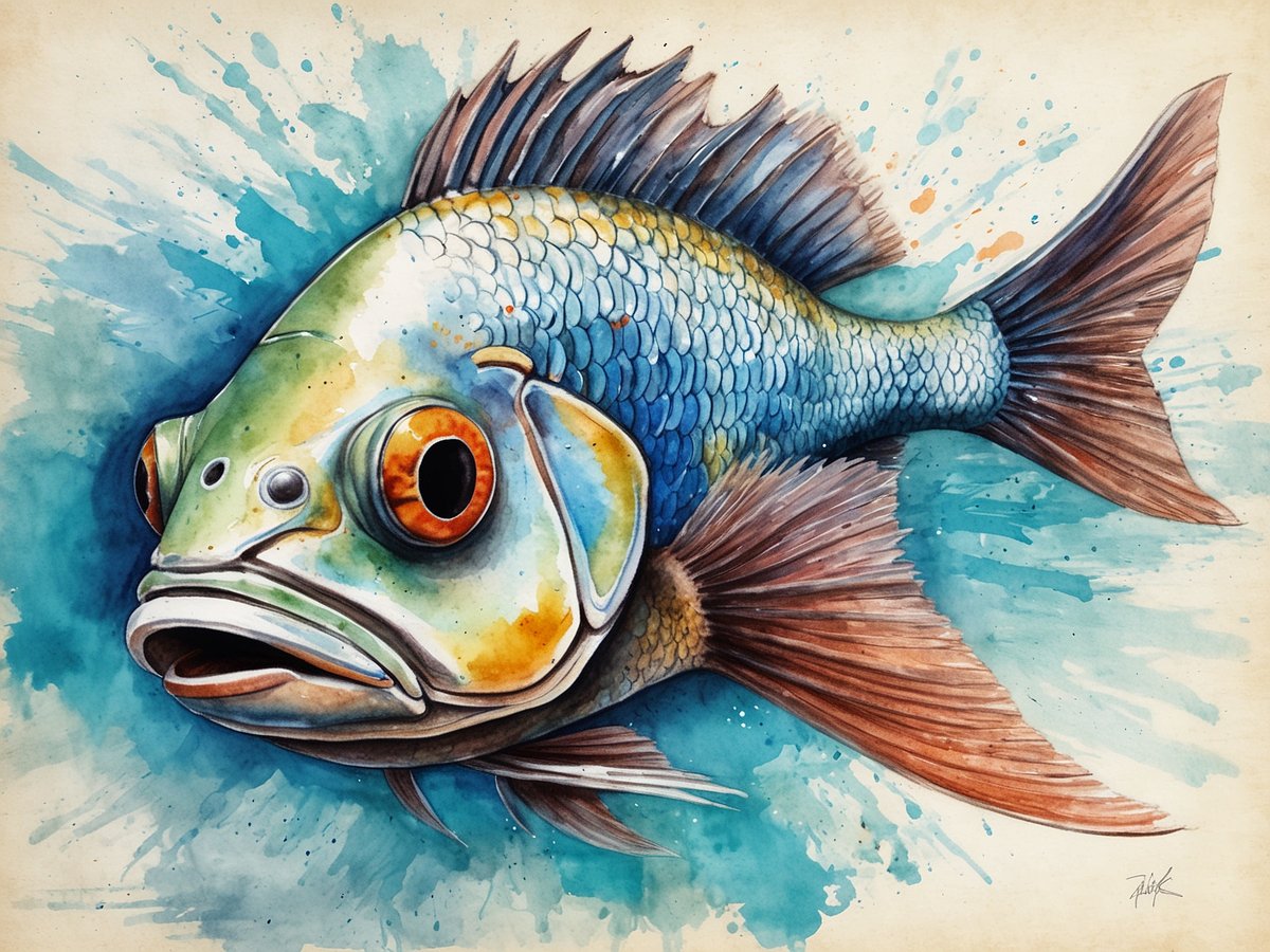 Ein detailreiches Aquarellbild eines bunten Fisches mit großen runden Augen. Der Körper des Fisches ist in Blau- und Grüntönen gehalten, während die Flossen und der Schwanz in BRAUN- und Rottönen gestaltet sind. Hintergründe aus aquarellierten Farbsprenkel und einer blauen Farbtonbasis verleihen dem Bild eine lebendige und dynamische Ausstrahlung.