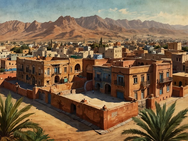 Auf dem Bild ist eine malerische Darstellung einer Stadtlandschaft zu sehen, die von der Architektur und der Umgebung geprägt ist, die typisch für Eritrea sein könnte. Im Vordergrund sind mehrere rustikale Gebäude zu erkennen, die aus warmen Erdtönen bestehen und durch architektonische Details wie Balkone und Säulen auffallen. Umgeben von Palmen und einer trockenen Landschaft, bieten die sanften Hügel im Hintergrund einen beeindruckenden Kontrast. Diese Szenerie könnte eine Einladung sein, Eritrea als ein unbekanntes Juwel am Horn von Afrika zu entdecken, mit seiner reichen Kultur und Geschichte, die auf dem Bild angedeutet wird.