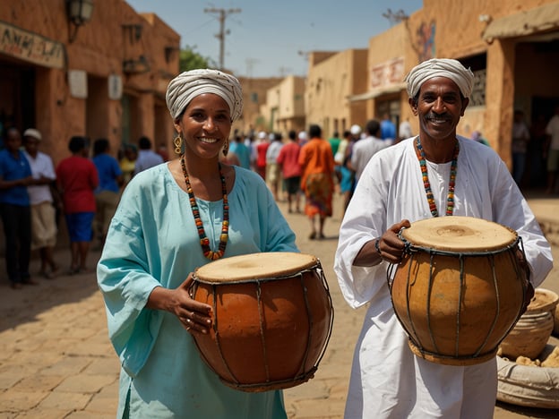 Auf dem Bild sind zwei Personen zu sehen, die traditionelle Musikinstrumente, vermutlich Trommeln, halten. Sie lachen und strahlen Freude aus, was auf eine kulturelle Feier oder ein Fest hindeutet. Die Kleidung der beiden ist typisch für ihre Kultur, mit farbenfrohen Accessoires und Kopfbedeckungen, die oft eine tiefere symbolische Bedeutung haben.

Dieses Bild spiegelt die Vitalität und den Gemeinschaftsgeist der Traditionen wider, in denen Musik und Tanz eine zentrale Rolle spielen. Solche kulturellen Ausdrucksformen sind oft bei Festen oder Zeremonien zu sehen, die das Erbe einer Gemeinschaft unterstreichen. Die Umgebung zeigt eine belebte Straße, auf der weitere Menschen zu erkennen sind, die möglicherweise Teil dieser festlichen Atmosphäre sind.

In vielen Kulturen ist Musizieren nicht nur eine Form der Unterhaltung, sondern auch eine Möglichkeit, Geschichten zu erzählen, Gemeinschaft zu stärken und alte Traditionen lebendig zu halten. Die dargestellte Szene könnte somit ein Beispiel für die reiche kulturelle Identität und die lebendigen Traditionen der Region sein.