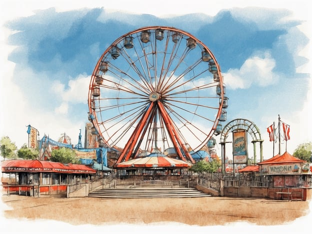 Auf dem Bild ist ein Riesenrad in einem Freizeitpark zu sehen, umgeben von bunten Ständen und Fahrgeschäften. Es erinnert an die Atmosphäre eines typischen Luna Parks, wo Spaß und Unterhaltung im Vordergrund stehen. Die Geschichte des Luna Parks reicht bis ins 19. Jahrhundert zurück, als die ersten Vergnügungsparks entstanden. Diese Orte sind bekannt für ihre aufregenden Fahrgeschäfte und Attraktionen, die Familien und Besucher aus aller Welt anziehen. Das Riesenrad symbolisiert oft das Gefühl von Freiheit und Abenteuer, das man in einem Freizeitpark erlebt.