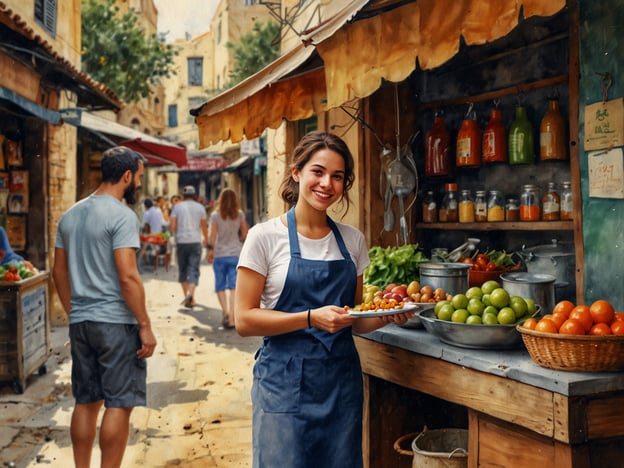 Auf dem Bild sieht man einen lebhaften Markt, wahrscheinlich in Israel. Eine lächelnde Verkäuferin steht an einem Stand, der frisches Obst und Gemüse anbietet. Solche Märkte sind typisch für viele Städte in Israel, wo die Besucher mit einer Vielzahl von lokalen Produkten vertraut gemacht werden. 

Kulinarische Erlebnisse in Israel sind oft geprägt von frischen, gesunden Zutaten wie Tomaten, Gurken und Zitrusfrüchten, die häufig in traditionellen Gerichten wie Salat, Hummus oder Falafel verwendet werden. Die bunte Auswahl und die lebendige Atmosphäre der Märkte laden dazu ein, die vielfältige israelische Küche zu entdecken und zu genießen.