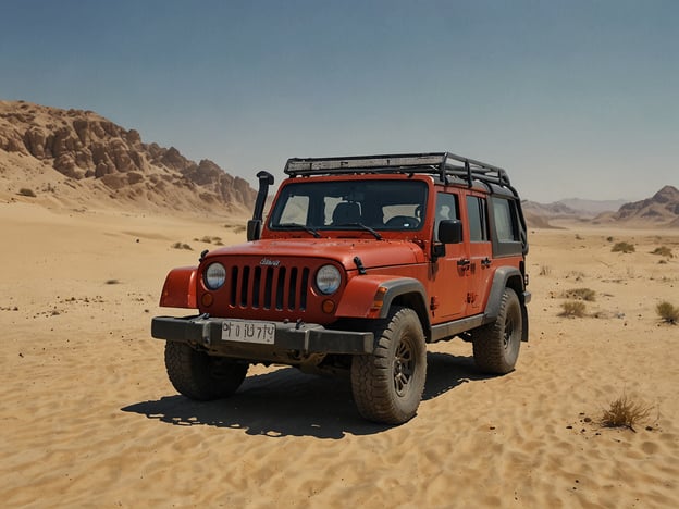 Auf dem Bild ist ein roter Geländewagen in einer Wüstenlandschaft zu sehen. Abenteuerlustige könnten hier verschiedene Aktivitäten unternehmen, wie:

1. **Offroad-Fahrten**: Die Sanddünen erkunden und Herausforderungen im Gelände meistern.
2. **Wüstenwanderungen**: Zu Fuß die beeindruckende Natur und Tierwelt der Wüste entdecken.
3. **Fotografie**: Die atemberaubenden Landschaften und den Sonnenuntergang in der Wüste festhalten.
4. **Campen**: Übernachtungen unter freiem Himmel, um die Sterne in der unbeleuchteten Wüste zu beobachten.
5. **Sandboarden**: Spaß auf den Dünen mit einem Sandbrett erleben.

Diese Aktivitäten bieten ein aufregendes Abenteuer in der Wüste!