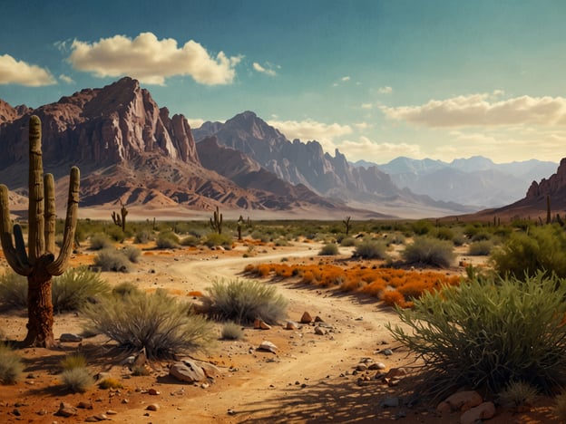 Auf dem Bild ist eine beeindruckende Wüstenlandschaft zu sehen, die von Bergen und Pflanzen geprägt ist. Diese Art von vielfältiger Landschaft erinnert an die majestätischen Wüstengebiete Jordaniens, wo sich ebenfalls eindrucksvolle Felsen, sanfte Hügel und verschiedene Vegetationsteile finden. Die warmen Farben der Erde und der Himmel vermitteln eine friedliche und expansive Atmosphäre, die für die jordanische Landschaft typisch ist.