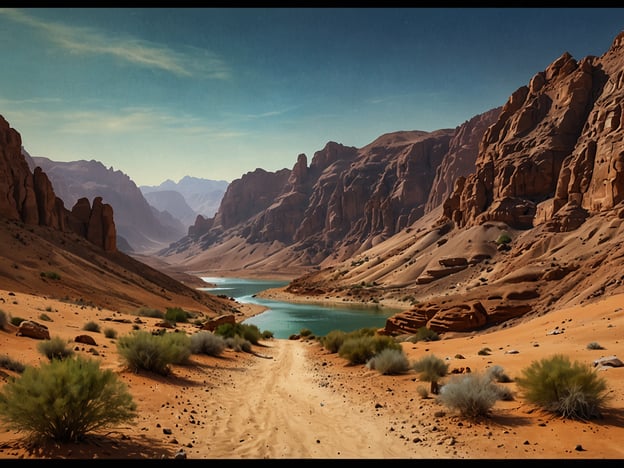 Auf dem Bild ist eine beeindruckende Landschaft in der Natur zu sehen. Eine schlängelnde Wasserstraße durchzieht das Bild, umgeben von majestätischen, steilen Felsen und sanften Hügeln aus Sand. Die Vegetation ist spärlich, aber es gibt einige tufts von Gras und Sträuchern, die dem sandigen Terrain Kontrast verleihen. Diese Szene lädt zu einem Abenteuer in der Natur ein, wo man die Ruhe und Schönheit der Wildnis erleben kann. Die Umgebung strahlt eine gewisse Wildheit aus, ideal für Erkundungen und Wanderungen.