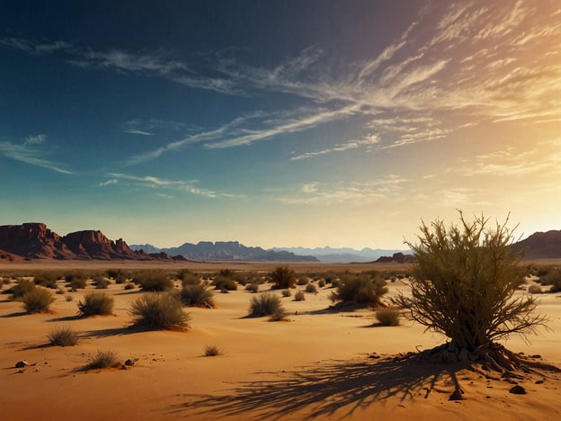 Auf dem Bild ist eine beeindruckende Wüstenlandschaft zu sehen. Die sanften Dünen aus goldenem Sand erstrecken sich weit in die Ferne, während markante, rötliche Felsen und Berge im Hintergrund das Bild dominieren. Die Vegetation ist spärlich, doch ein einzelner Strauch ist im Vordergrund sichtbar, seine Schatten werfen faszinierende Muster auf den Sand. Der Himmel ist mit sanften Wolkenmustern durchzogen und die Abendsonne verleiht der Szene eine warme, einladende Atmosphäre. Diese natürliche Schönheit einer Wüstenlandschaft inspiriert sowohl zur Erkundung als auch zur Besinnung.