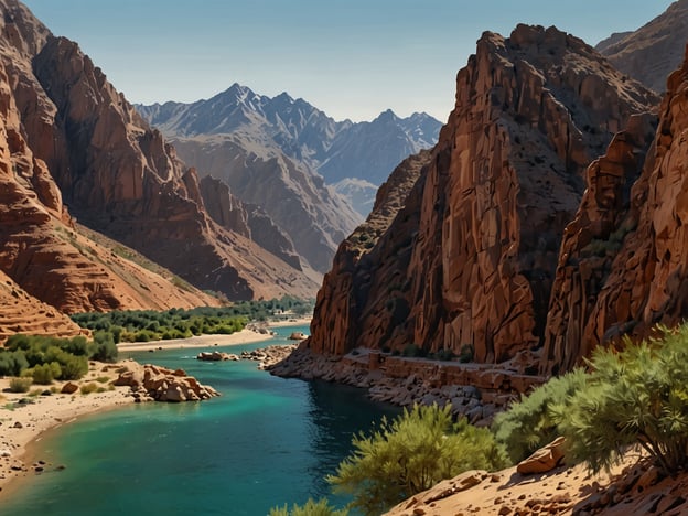 Auf dem Bild ist eine atemberaubende Landschaft mit majestätischen Bergen und einem klaren Fluss zu sehen, der durch eine Schlucht fließt. Die beeindruckenden Felsformationen und die lebendige Vegetation entlang des Wassers verleihen der Szenerie einen faszinierenden Charme. Diese Naturschönheit zeigt die kraftvolle Kraft der Natur und lädt dazu ein, die Ruhe und Schönheit der Umgebung zu genießen.