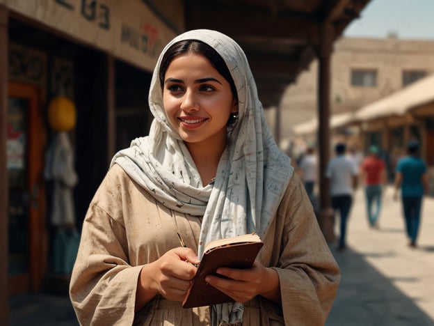 Auf dem Bild ist eine junge Frau zu sehen, die ein Notizbuch in der Hand hält und lächelt. Sie trägt eine modische Kopfbedeckung und eine lässige, traditionelle Kleidung. Im Hintergrund sind Menschen auf einem belebten Markt oder in einer Straße zu sehen.

**Praktische Tipps für Besucher:**

1. **Kleidung:** Achte darauf, respektvolle Kleidung zu tragen, die zu den lokalen Traditionen passt. In vielen Kulturen ist es üblich, die Schultern und Beine zu bedecken.

2. **Notizbuch mitnehmen:** Ein Notizbuch ist perfekt, um Eindrücke, Gedanken oder wichtige Informationen festzuhalten. Es kann auch hilfreich sein, lokale Bräuche und Sitten zu notieren.

3. **Freundlichkeit zeigen:** Ein Lächeln öffnet Türen! Lokale Einwohner schätzen es, wenn du freundlich und offen auf sie zugehst.

4. **Marktkultur erleben:** Besuche lokale Märkte, um authentische Erfahrungen zu sammeln. Probiere regionale Speisen und kaufe handgefertigte Souvenirs.

5. **Respektiere die Umgebung:** Halte dich an die örtlichen Vorschriften und respektiere die Privatsphäre der Menschen, besonders bei Fotos.