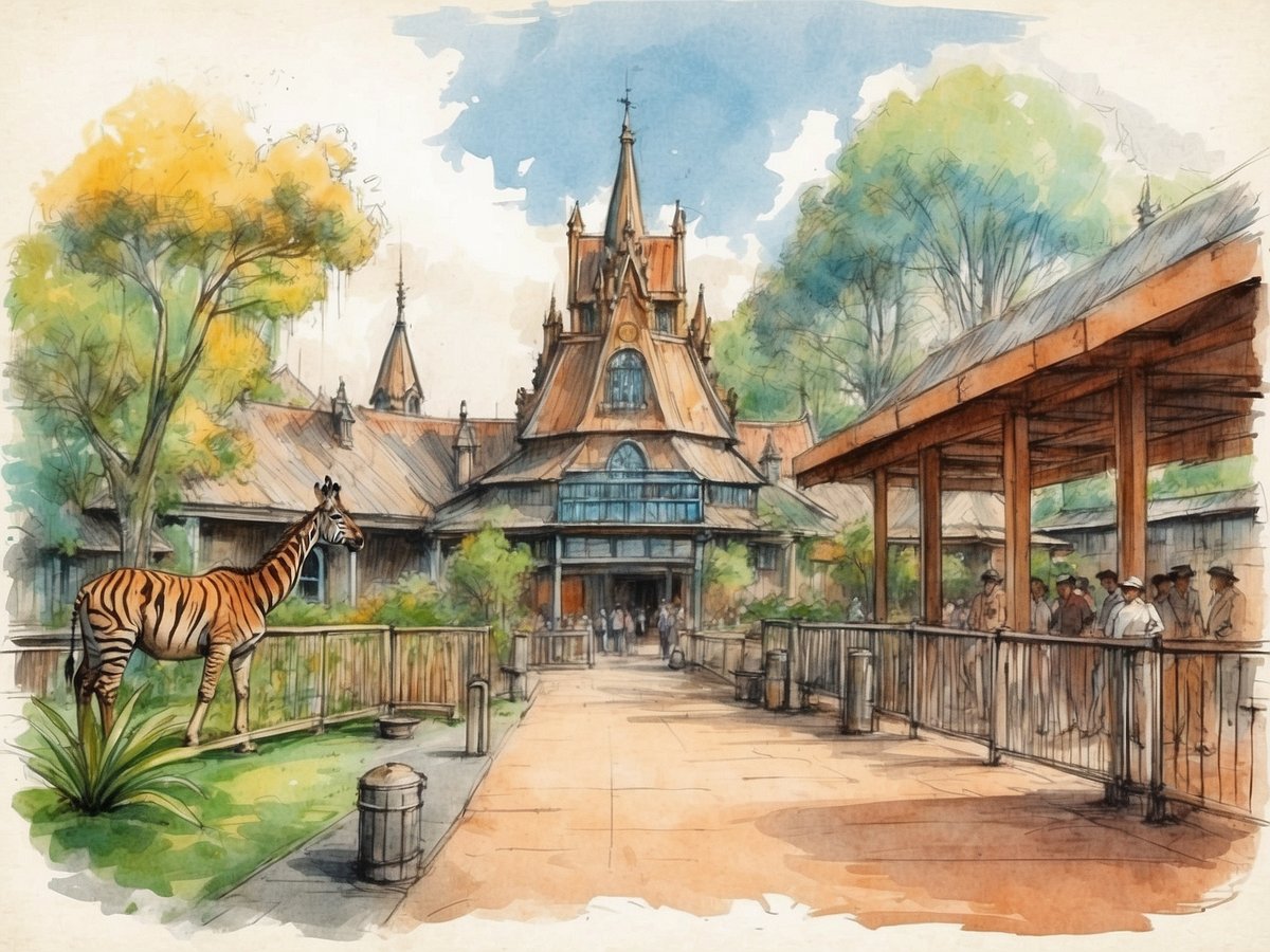Eine künstlerische Darstellung des Zoologischen Gartens Neunkirchen, die ein Zelt mit einem lachsfarbenen Hauptgebäude zeigt. Im Vordergrund steht ein Zebra, das in einem grünen Bereich mit Pflanzen gefüttert wird. Mehrere Personen sind sichtbar, die sich an einem überdachten Bereich auf der rechten Seite aufhalten. Im Hintergrund sind andere Bäume und ein stark bewachsener Bereich sichtbar. Die Gesamtgebung vermittelt eine freundliche und einladende Atmosphäre im Zoo.