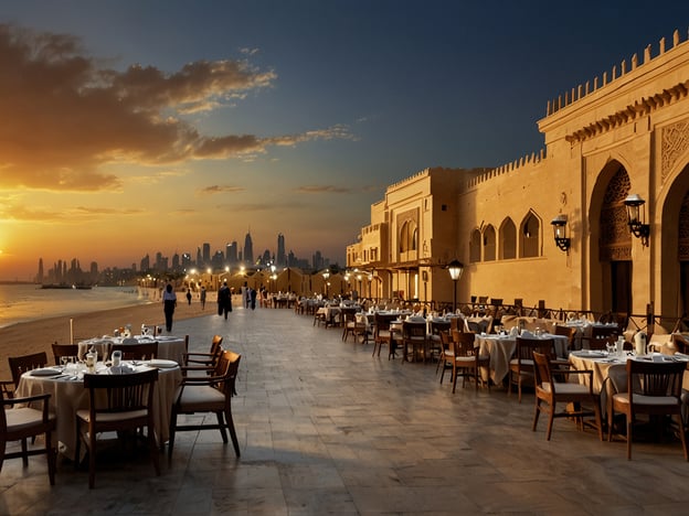 Auf dem Bild ist eine wunderschöne Küstenpromenade zu sehen, die von eleganten Restaurants gesäumt ist. Im Hintergrund erkennt man die beeindruckende Skyline einer modernen Stadt, wahrscheinlich Dubai, da die markanten Hochhäuser typisch für diese Region sind. Der Sonnenuntergang sorgt für eine malerische Atmosphäre, und die Kombination aus traditioneller Architektur der Restaurants und der modernen Skyline macht diesen Ort besonders attraktiv. Es erinnert an beliebte Touristenattraktionen wie die Dubai Marina oder den Jumeirah Beach.