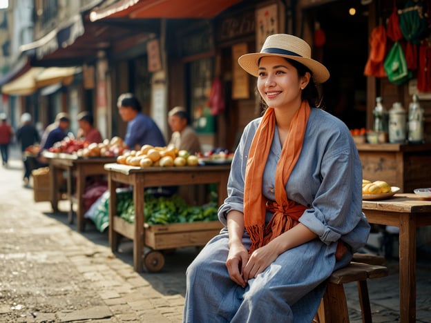 Auf dem Bild ist eine junge Frau zu sehen, die lächelt und in einem traditionell gekleideten Outfit sitzt. Im Hintergrund sind Marktstände mit frischem Obst und Gemüse. 

**Tipps für den Aufenthalt:**

1. **Markterkundung:** Besuchen Sie lokale Märkte, um frischere Lebensmittel und authentische Produkte zu entdecken. Probieren Sie regionale Spezialitäten.

2. **In Kontakt treten:** Sprechen Sie mit den Marktverkäufern, um mehr über ihre Produkte zu erfahren und Tipps zur Zubereitung zu bekommen.

3. **Frühe Besuche:** Gehen Sie früh zum Markt, um die Menge zu vermeiden und die beste Auswahl zu haben.

4. **Fotopausen:** Nutzen Sie die Möglichkeit, schöne Momente festzuhalten, während Sie durch die Stände schlendern.

5. **Authentische Erlebnisse:** Versuchen Sie, die Kultur und die Traditionen der Umgebung zu lernen, indem Sie an lokalen Veranstaltungen oder Kochkursen teilnehmen.