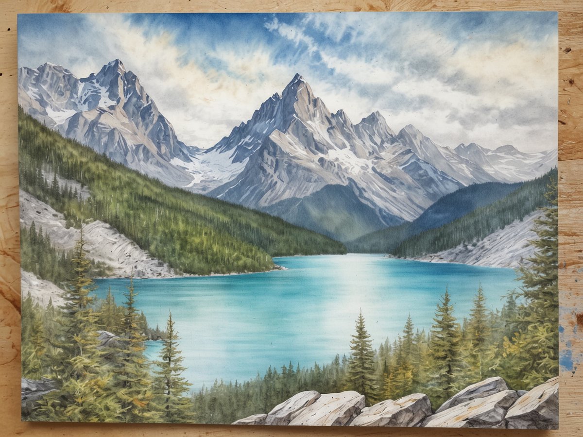 Atemberaubende Landschaft mit einem klaren, türkisfarbenen See umgeben von majestätischen Bergen und dichten Wäldern. Die schroffen Gipfel der kanadischen Rockies erheben sich im Hintergrund, teilweise mit Schnee bedeckt. Am Ufer sind Felsen und Kiefern zu sehen, die die Natur in den Banff und Jasper Nationalparks widerspiegeln. Der Himmel ist hell mit sanften Wolken, die zur friedlichen Stimmung beitragen.
