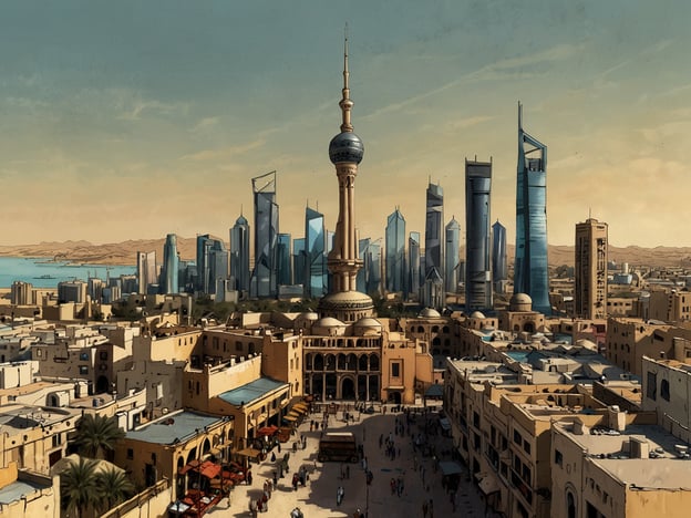 Das Bild zeigt eine interessante Mischung aus traditioneller und moderner Architektur in Kuwait. Im Vordergrund sieht man historische Gebäude mit arabesken Elementen, die eine belebte Atmosphäre vermitteln, während im Hintergrund eine moderne Skyline mit hohen Wolkenkratzern zu sehen ist. Diese Kombination zeigt die Entwicklung Kuwaits von einer traditionellen Kultur hin zu einer dynamischen, urbanen Umgebung. Der Blick auf das Meer im Hintergrund verstärkt den Eindruck von Kuwait als einem wichtigen Handels- und Wirtschaftsstandort in der Region.