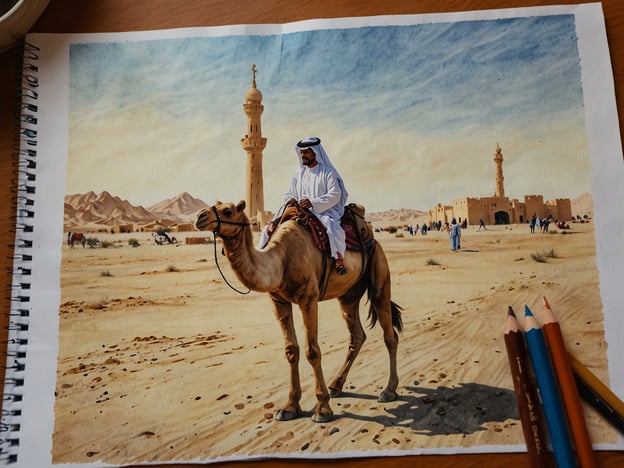 Auf dem Bild ist ein Beduine zu sehen, der auf einem Kamel in einer Wüstenlandschaft reitet. Dies erinnert an traditionelle Aktivitäten in Kuwait, wie Kamelreiten, das eine beliebte Touristenattraktion ist. Besucher können oft Wüstensafaris unternehmen, die das Reiten auf Kamelen und die Erkundung der beeindruckenden Wüstenlandschaften kombinieren. 

Zudem zeigt die Umgebung historische Elemente, die an die Kultur und Geschichte Kuwaits erinnern, wie alte Bauwerke und Moscheen. In Kuwait kann man auch traditionelle Märkte (Souks) besuchen, wo Handwerkskunst und lokale Produkte angeboten werden. Solche Erlebnisse bieten Einblicke in die reiche Kultur und Geschichte des Landes.