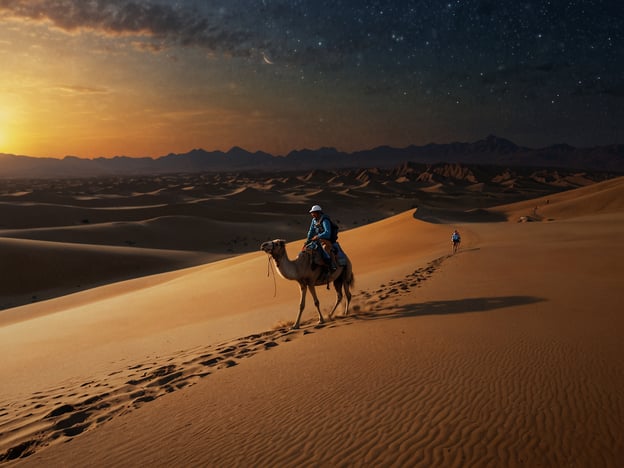 Auf dem Bild sind abenteuerliche Aktivitäten in der Wüste zu sehen. Ein Reiter führt ein Kamel durch die eindrucksvolle Sandlandschaft, während die Sonne untergeht und die Landschaft in warmen Farben leuchtet. Im Hintergrund sieht man weitere Wüstenerforscher, die die weiten Sanddünen erkunden. Solche Erlebnisse bieten die Möglichkeit, die Schönheit der Wüste hautnah zu erleben und sich dem Abenteuer zu stellen. Die Ruhe der Umgebung und die Weite der Dünen laden zu ausgedehnten Kamel- und Wandertouren ein.