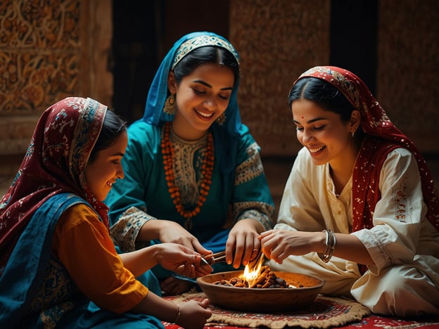 Auf dem Bild sind drei Frauen zu sehen, die in traditioneller Kleidung sitzen und mit einem Feuer oder einer Feuerstelle interagieren. Diese Szene könnte ein Teil von kulturellen oder familiären Traditionen sein, die sich um den Austausch und das gemeinsame Erlebnis drehen. 

Das Sitzen im Kreis und das Teilen von Aktivitäten symbolisiert oft Gemeinschaft und Zusammenhalt. Die Verwendung von Feuer in unterschiedlichen Kulturen hat tiefere Bedeutungen, darunter Reinigung, Wärme und Kochen, was oft zu festlichen Anlässen gehört. Die Frauen tragen farbenfrohe Kleider und Kopftücher, die in vielen Kulturen, insbesondere im südasiatischen Raum, zur Identität und Tradition beitragen. 

Solche Bilder sind häufig Teil von Festlichkeiten oder besonderen Anlässen, bei denen die Familie und die kulturellen Bräuche im Mittelpunkt stehen.