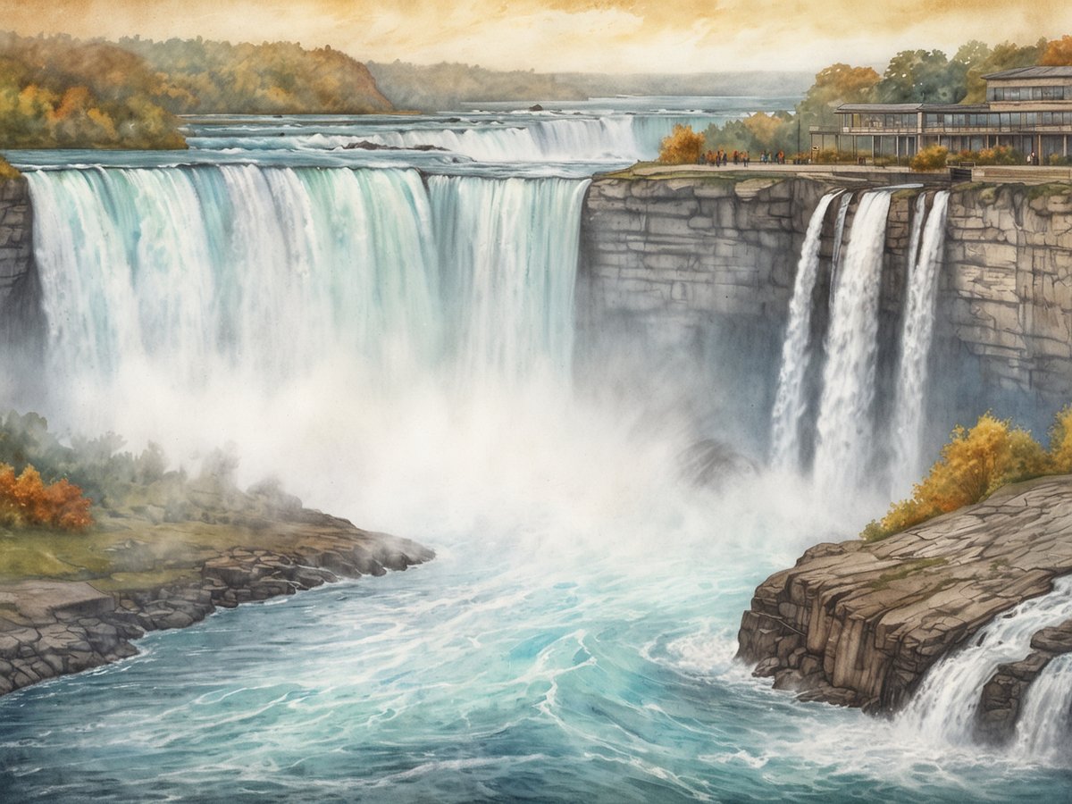 Majestätische Wassermassen stürzen über die Niagarafälle und erzeugen einen beeindruckenden Wassernebel, der die Umgebung umhüllt. Die Wasserflächen leuchten in verschiedenen Blautönen und kontrastieren mit den sanften Farben des Himmels im Hintergrund. An der Kante der Klippe steht ein modernes Gebäude, das den Besuchern einen Ausblick auf die atemberaubende Landschaft bietet. Herbstbäume mit warmen Farbtönen rahmen die Szene ein und verstärken die natürliche Schönheit dieses unvergesslichen Ortes.