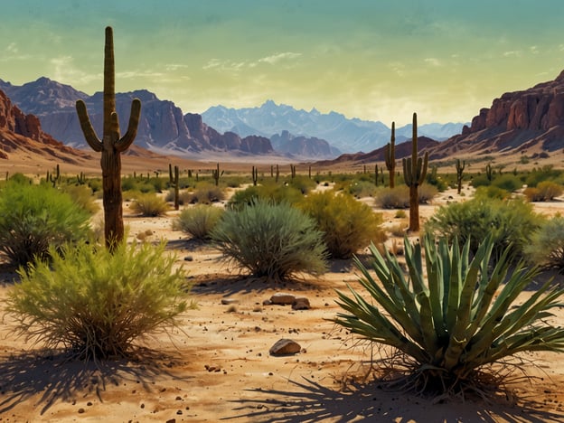 Willkommen in einem Land der Wüste und Oasen, wo die raue Schönheit der Natur mit der Vielfalt des Lebens verschmilzt. 

Auf dem Bild ist eine weite, trockene Landschaft zu sehen, die von sanften Hügeln und zerklüfteten Bergen umgeben ist. Im Vordergrund wachsen verschiedene Pflanzen, darunter Kakteen und Sträucher. Die Vegetation ist an das trockene Klima angepasst und vermittelt ein Gefühl von Ruhe und Einöde. Der Himmel hat einen sanften, klaren Farbton, der die Szenerie in ein warmes Licht taucht und die wunderschönen, oftmals geheimnisvollen Elemente der Wüste hervorhebt.