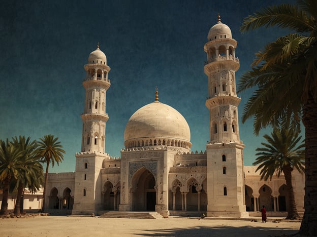 Das Bild zeigt eine prachtvolle Moschee, die sich durch Architektur mit geschwungenen Formen und kunstvollen Verzierungen auszeichnet. Im Oman gibt es viele beeindruckende Moscheen, die kulturelle Highlights des Landes sind. Besonders bekannt ist die Sultan-Qabus-Moschee in Maskat, die für ihre massive Kuppel und wunderschönen Innenräume berühmt ist. 

Ein weiteres bedeutendes Bauwerk ist die Al Jalali Festung, die hoch über der Stadt Maskat thront, sowie die Erhaltung der traditionellen Architektur in Orten wie Nizwa, wo sich das historische Fort Nizwa befindet. Der Oman ist reich an Kultur und Geschichte, was sich auch in seinen religiösen Stätten widerspiegelt.