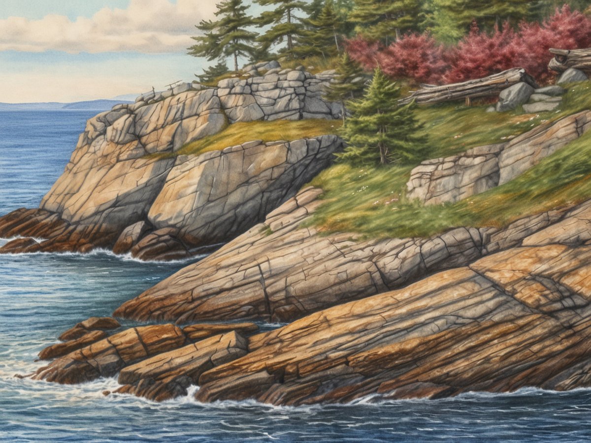 Eine malerische Küstenlandschaft in Nova Scotia zeigt massive, abwechslungsreiche Felsen, die sich ins Wasser erstrecken. Die Felsen sind geprägt von verschiedenen Farbtönen und Strukturen, die durch die Erosion des Wassers geformt wurden. Im Hintergrund sind sanfte Wellen sichtbar, die gegen die Felsen schlagen. An der Küste wachsen einige Nadelbäume, während im oberen Bereich blühende Pflanzen in Rot- und Grüntönen leuchten. Der Himmel ist leicht bewölkt und vermittelt eine ruhige, friedliche Atmosphäre. Diese Szenerie reflektiert die Schönheit der Natur und die historischen Aspekte der Region.