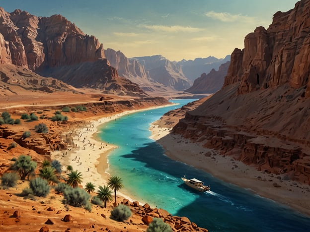 Auf dem Bild sieht man eine beeindruckende Landschaft mit einem klaren, blauen Fluss, der durch eine wunderschöne, von Bergen umgebene Wüste fließt. Diese Umgebung eignet sich hervorragend für verschiedene Aktivitäten im Oman. 

Hier sind einige Abenteuer, die man in einem solchen Szenario erleben könnte:

1. **Wanderungen und Trekking**: Die umliegenden Berge bieten großartige Wanderwege für Abenteuerlustige, die die atemberaubende Aussicht genießen möchten.

2. **Bootsfahren**: Mit einem traditionellen Dhau (Boot) auf dem Fluss zu fahren, wäre eine entspannende Möglichkeit, die Natur zu erkunden.

3. **Schwimmen**: Die klare, einladende Wasseroberfläche lädt zum Schwimmen und Entspannen am Ufer ein.

4. **Camping**: In der Nähe des Flusses könnte man ein Zeltlager aufschlagen und die Schönheit der Wüste unter dem Sternenhimmel erleben.

5. **Birdwatching**: Die Gegend bietet möglicherweise auch Möglichkeiten zur Vogelbeobachtung, da viele Vogelarten in solch abwechslungsreichen Lebensräumen leben. 

Die Kombination aus Wüste, Wasser und Bergen macht diese Region im Oman zu einem idealen Ziel für Naturliebhaber und Abenteuerreisende.